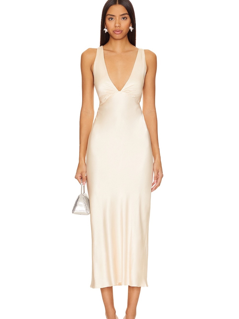 Shona Joy La Lune Satin Deep V-Neck Midi Dress in Champagne